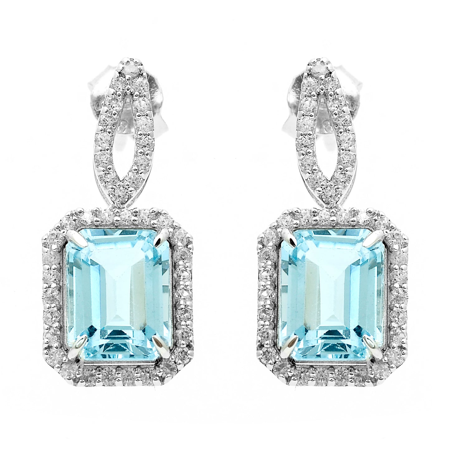 6.68 Ct Octagon Blue Topaz, White Zircon 925 Sterling Silver Earrings