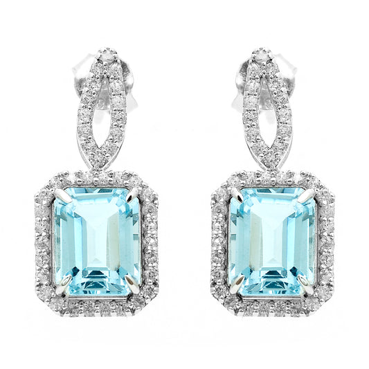 6.68 Ct Octagon Blue Topaz, White Zircon 925 Sterling Silver Earrings