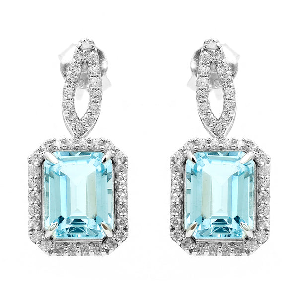 6.68 Ct Octagon Blue Topaz, White Zircon 925 Sterling Silver Earrings
