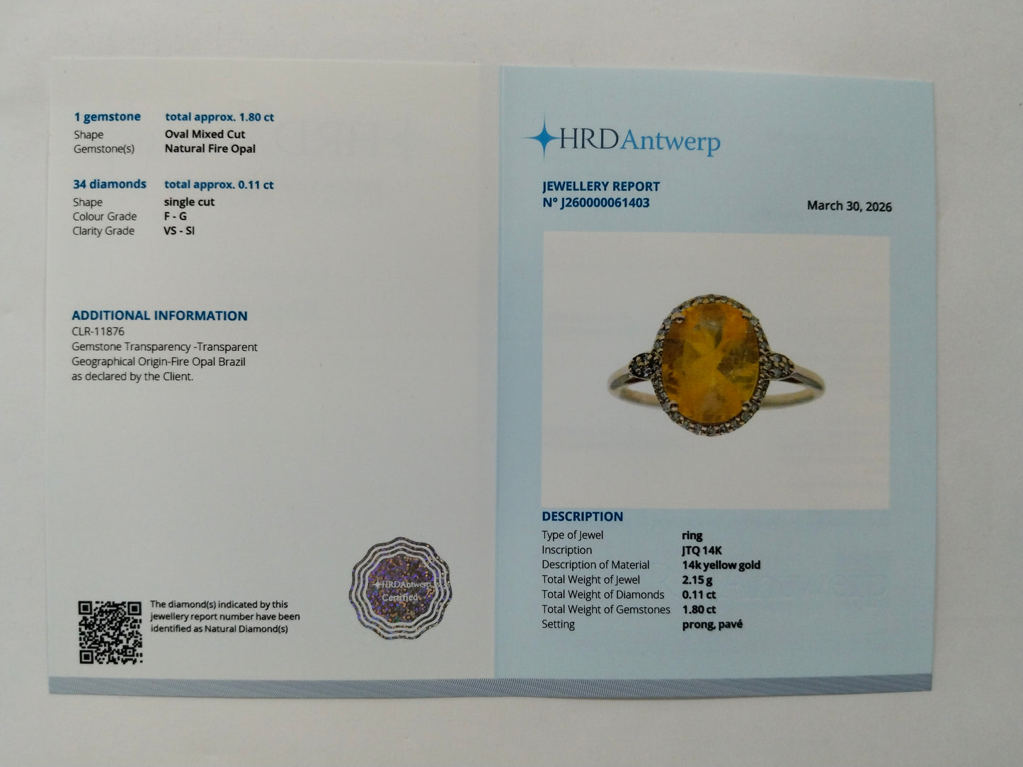 1.91 Ct Oval Mixed Cut Natural Fire Opal 14K Gold Ring