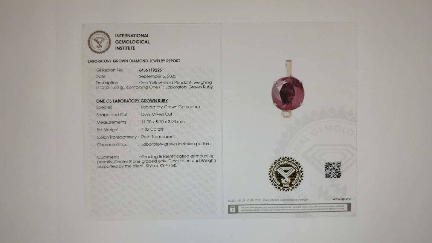 4.92 Ct Oval Mixed Cut Lab Grown Ruby 14K Gold Pendant