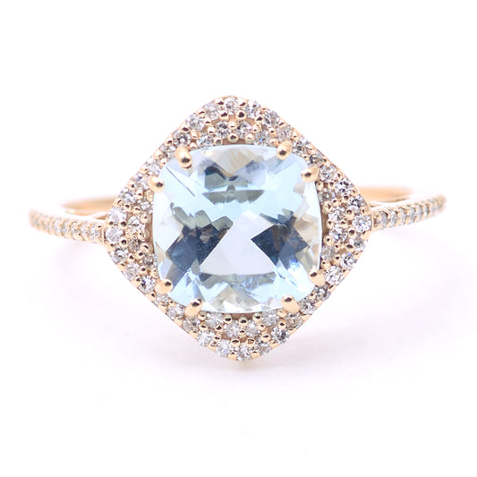 2.10 Ct Cushion Mixed Cut Natural Aquamarine 14K Gold Ring
