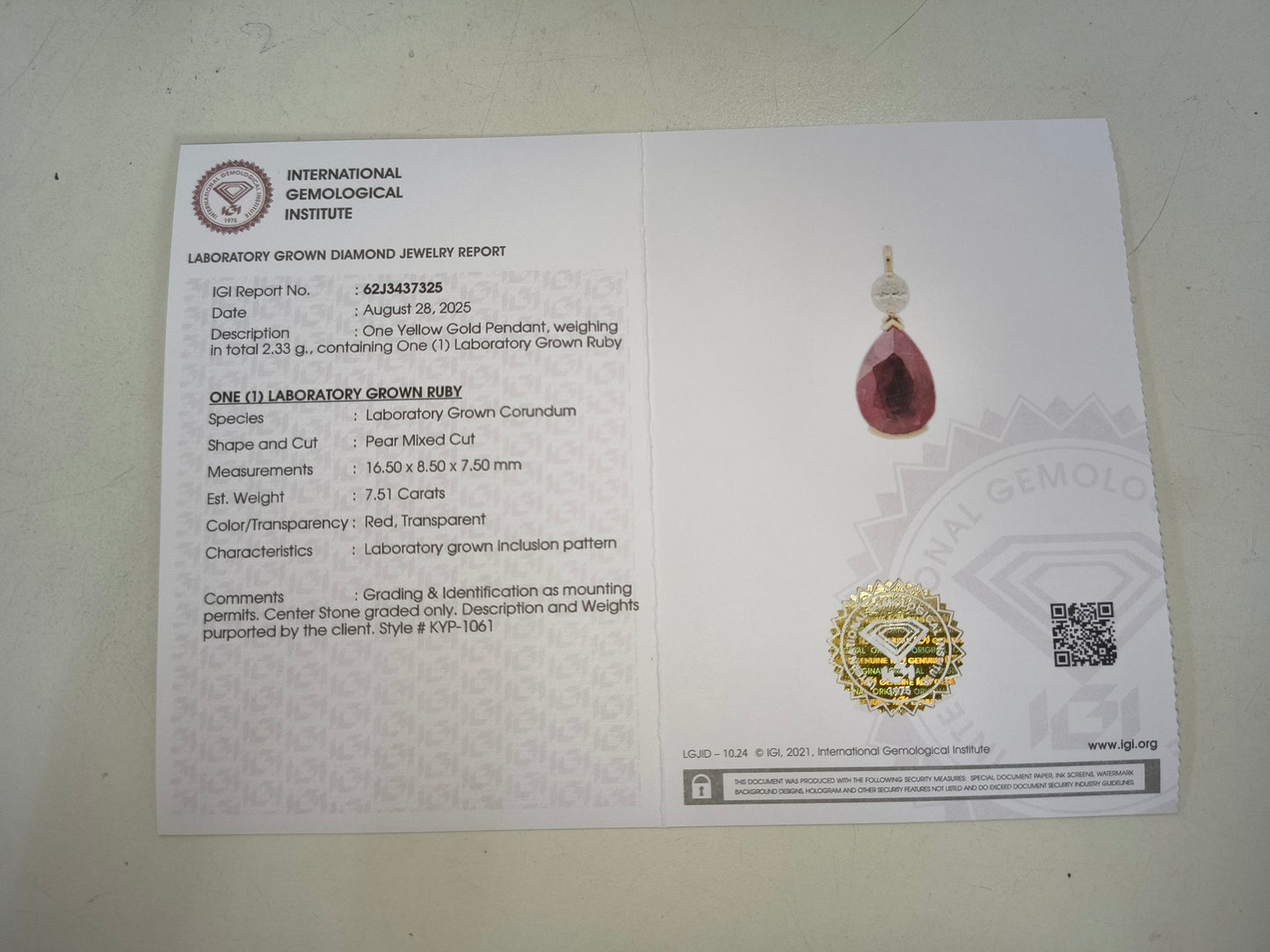 7.91 Ct Pear Mixed Cut Lab Grown Ruby 14K Gold Pendant