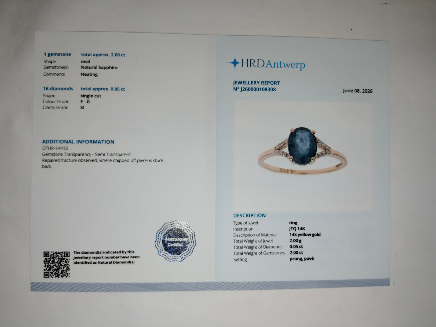 2.05 Ct Oval Mixed Cut Natural Sapphire 14K Gold Ring