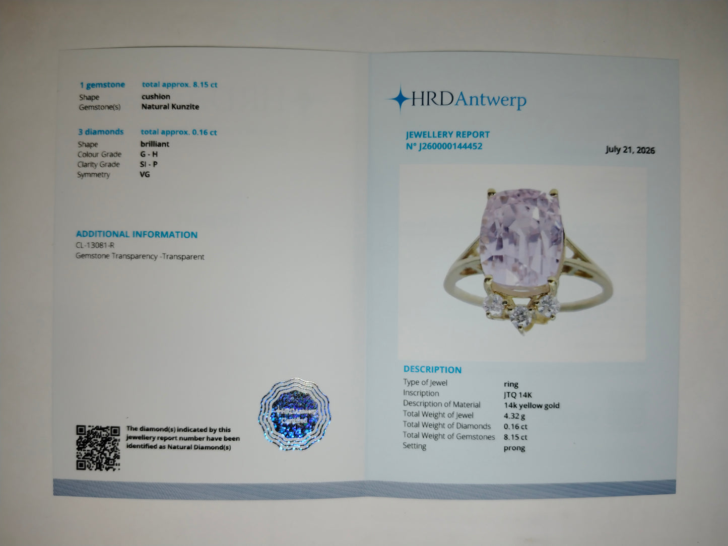 8.31 Ct Cushion Natural Kunzite 14K Gold Ring