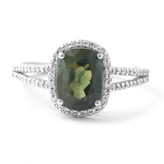 2.70 Ct Cushion Mixed Cut Natural Green Sapphire 950 Platinum Ring