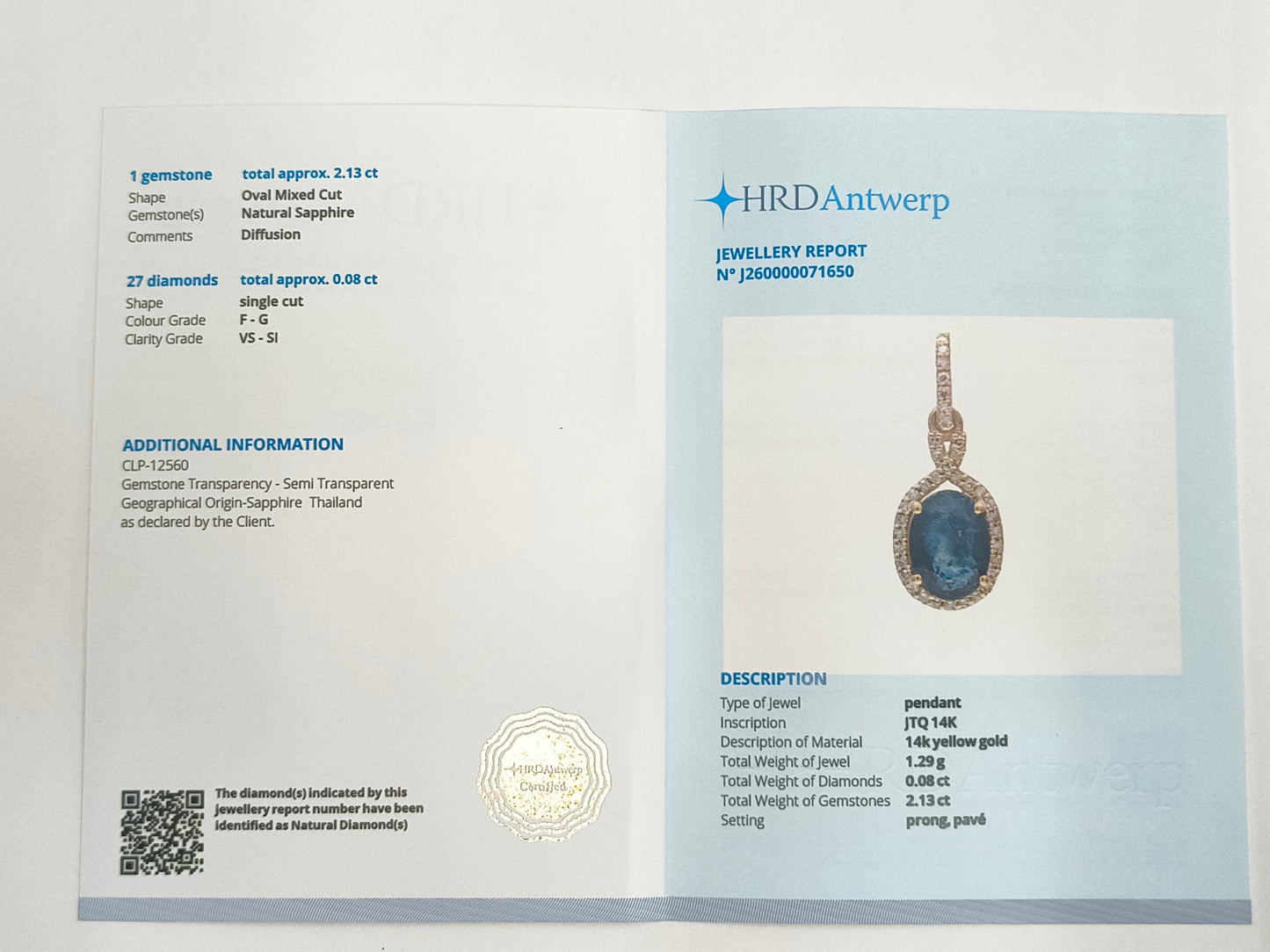 2.21 Ct Oval Mixed Cut Natural Sapphire 14K Gold Pendant