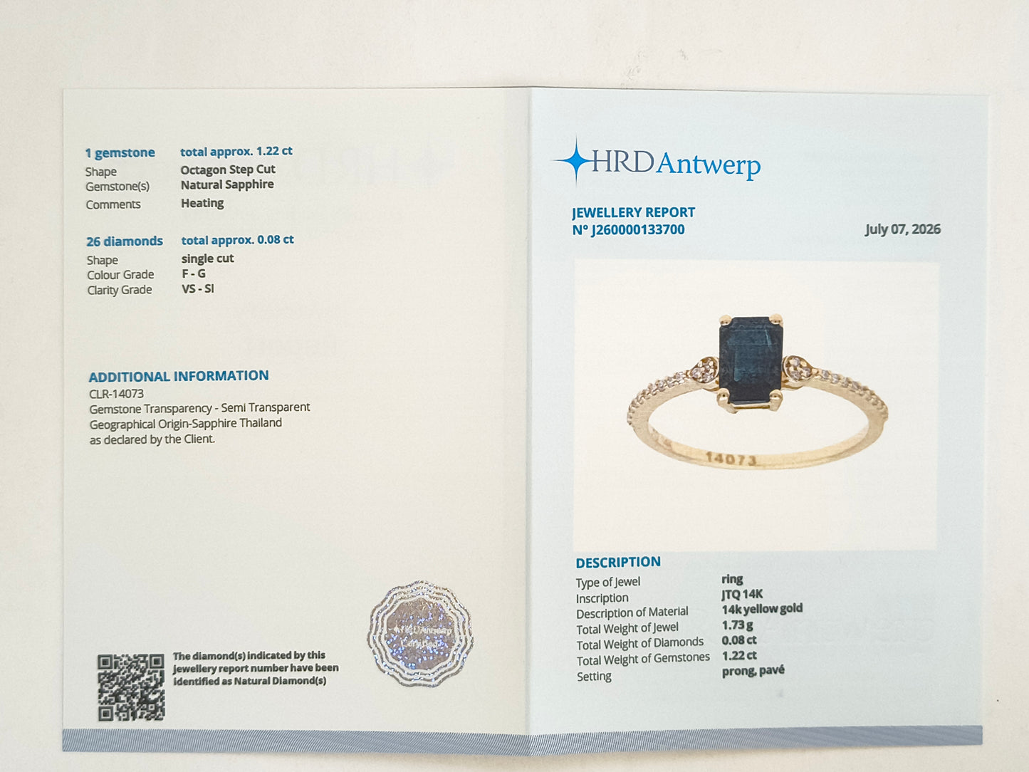 1.30 Ct Octagon Step Cut Natural Sapphire 14K Gold Ring