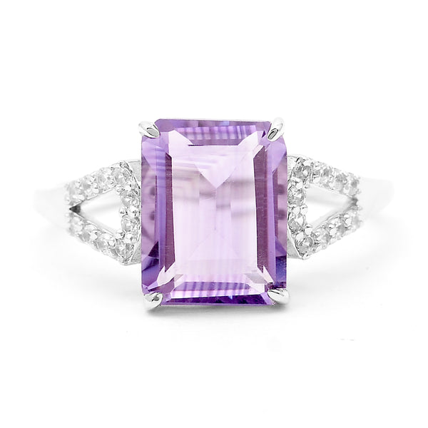 3.14 Ct Octagon Amethyst, White Zircon 925 Sterling Silver Ring