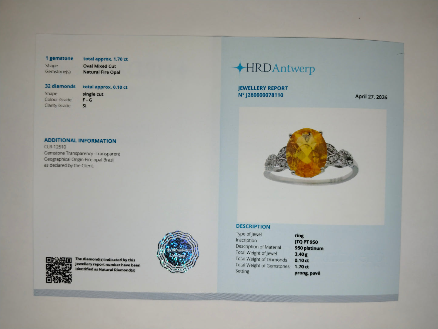 1.80 Ct Oval Mixed Cut Natural Fire Opal 950 Platinum Ring