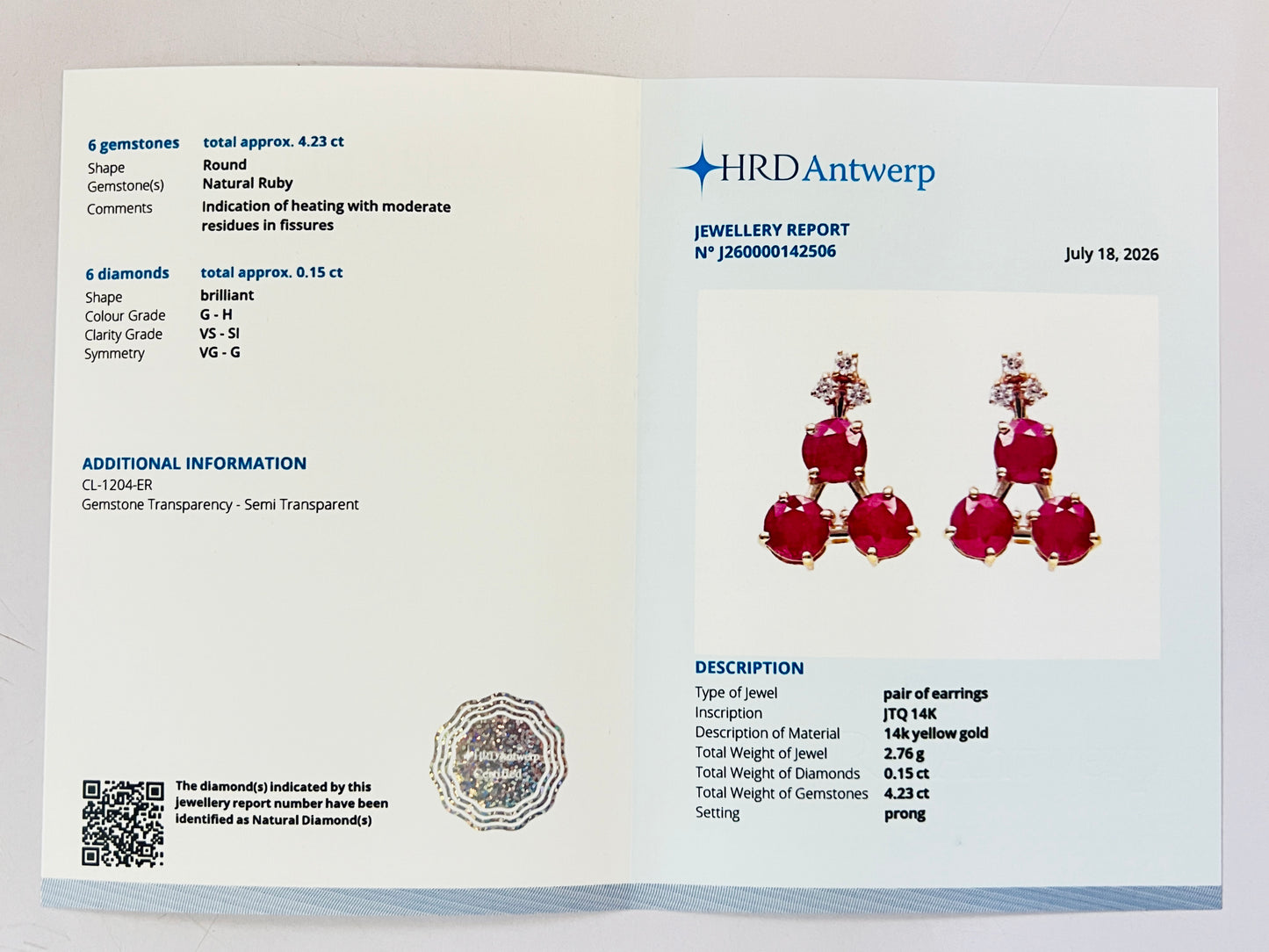 4.38 Ct Round Natural Ruby 14K Gold Earrings