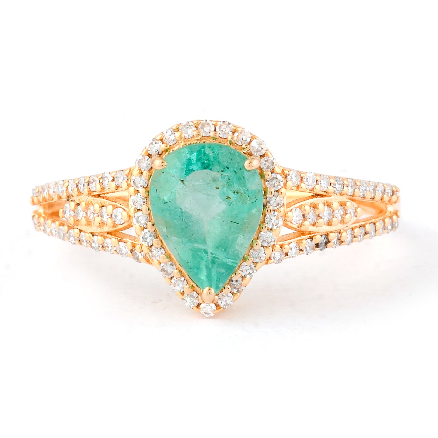1.15 Ct Pear Mixed Cut Natural Emerald 14K Gold Ring