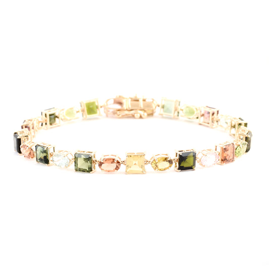 14.90 Ct Square Multi Tourmaline 14K Gold Bracelet