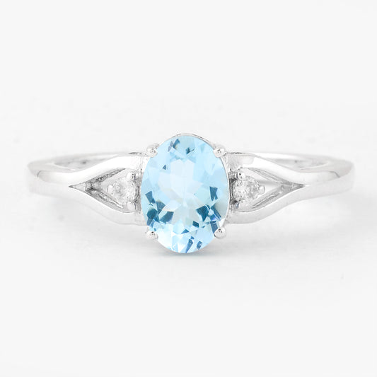 1.58 Ct Oval London Blue Topaz, Cubic Zirconia, 925 Sterling Silver Ring
