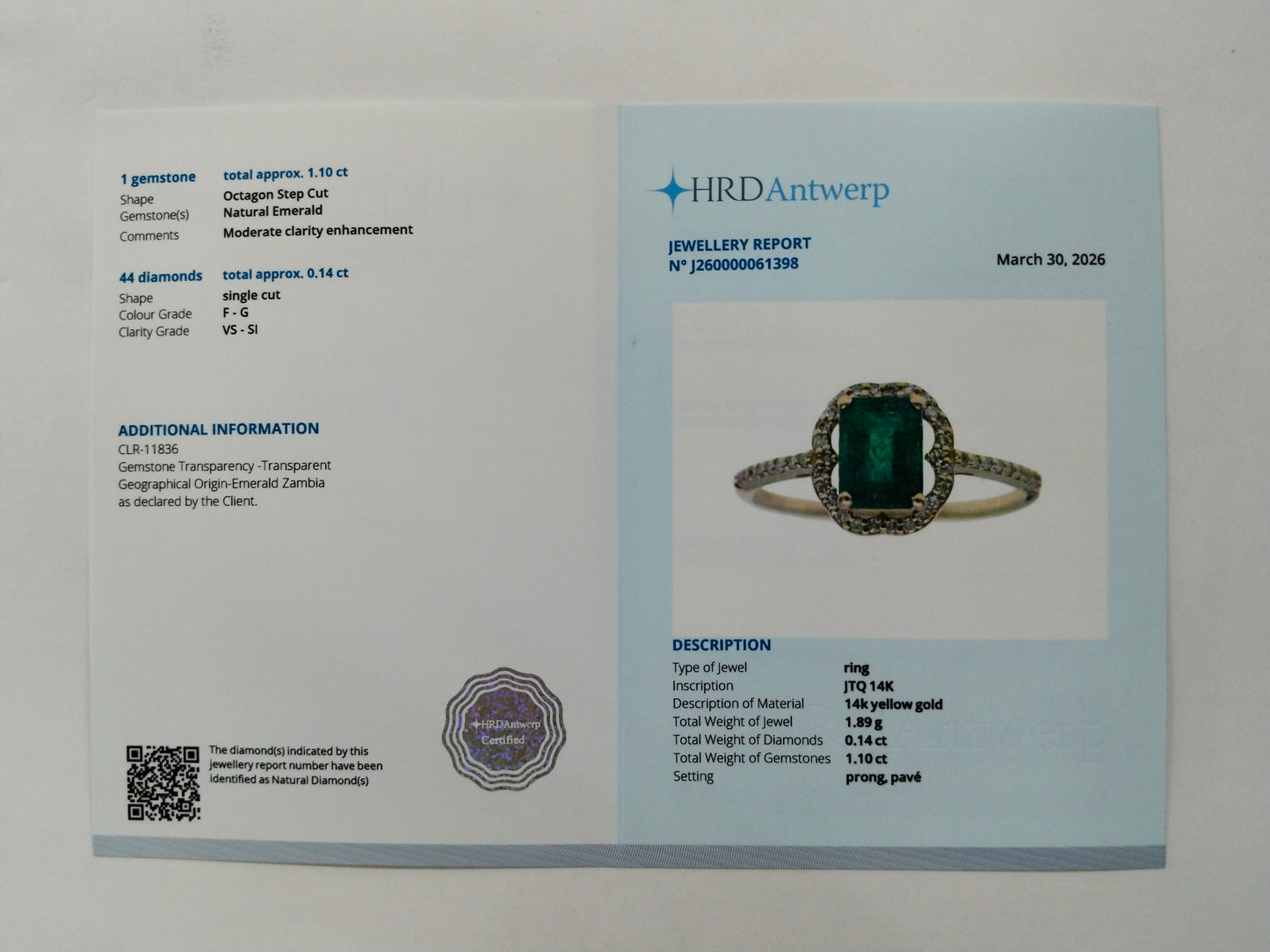 1.24 Ct Octagon Step Cut Natural Emerald 14K Gold Ring