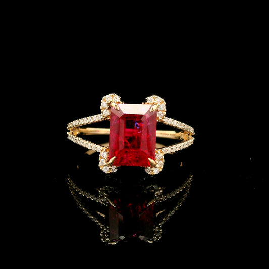 3.46 Ct Emerald Cut Lab Grown Ruby 14K Gold Ring