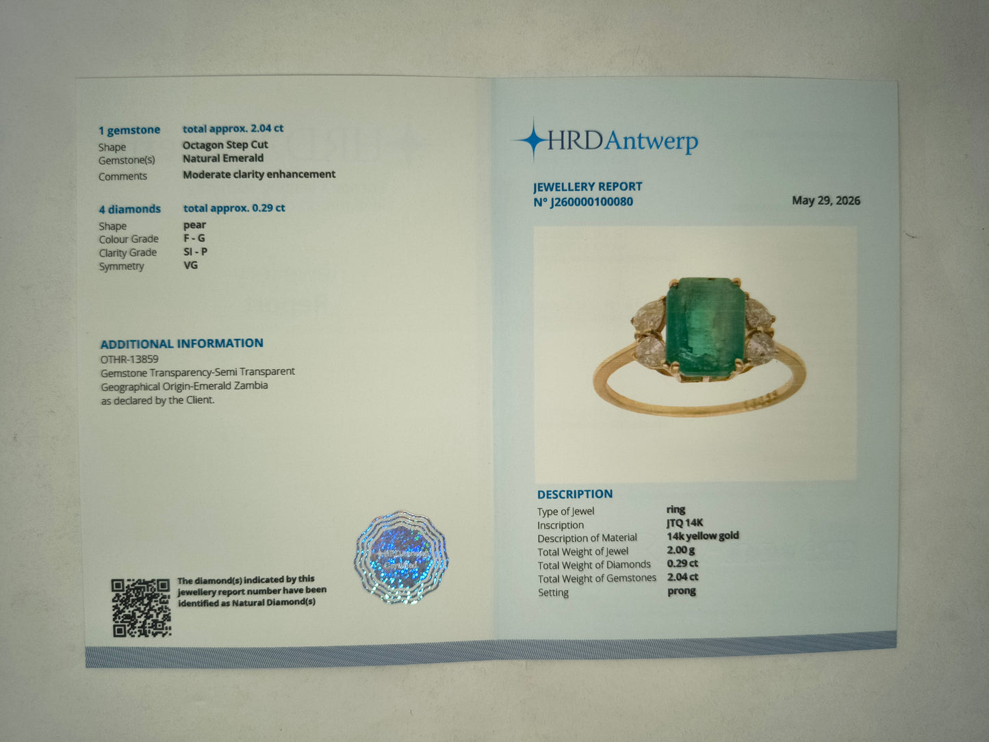 2.33 Ct Octagon Step Cut Natural Emerald 14K Gold Ring