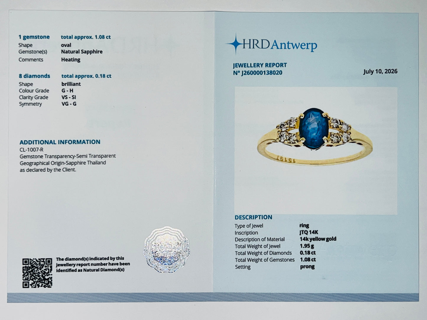 1.26 Ct Oval Natural Sapphire 14K Gold Ring