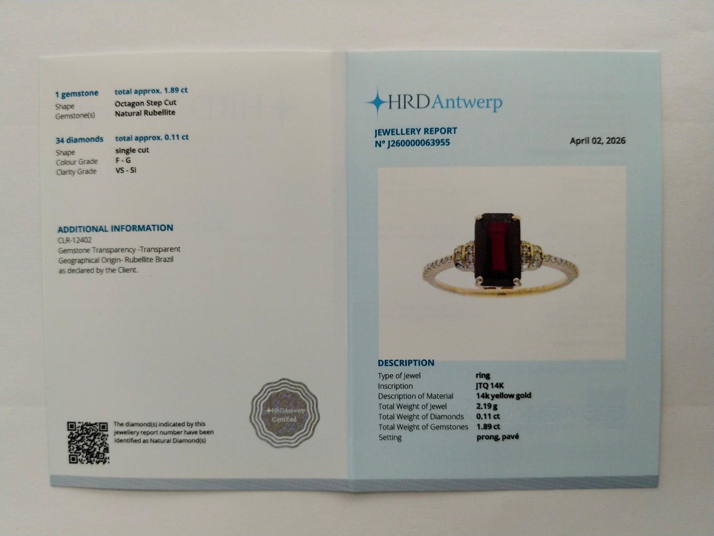 2.00 Ct Octagon Step Cut Natural Rubellite 14K Gold Ring