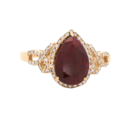 3.13 Ct Pear Mixed Cut Natural Corundum Ruby 14K Gold Ring