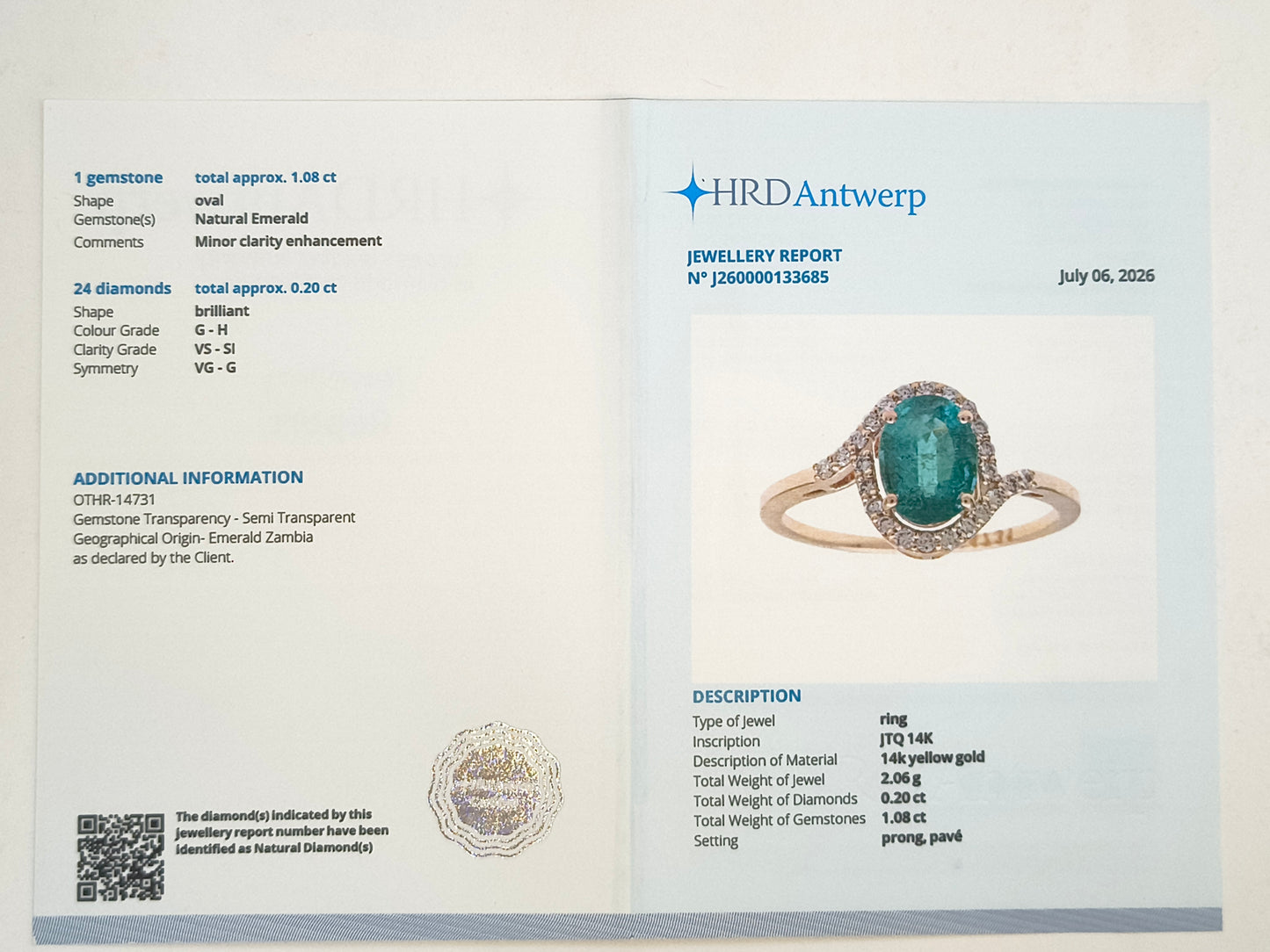 1.28 Ct Oval Natural Emerald 14K Gold Ring