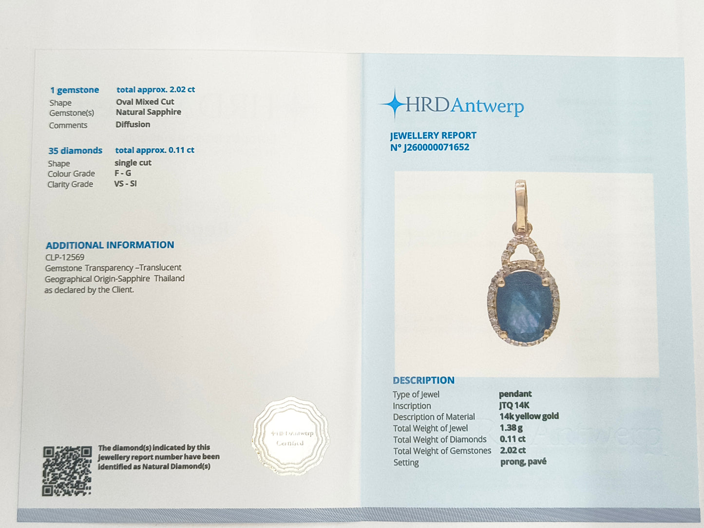 2.13 Ct Oval Mixed Cut Natural Sapphire 14K Gold Pendant