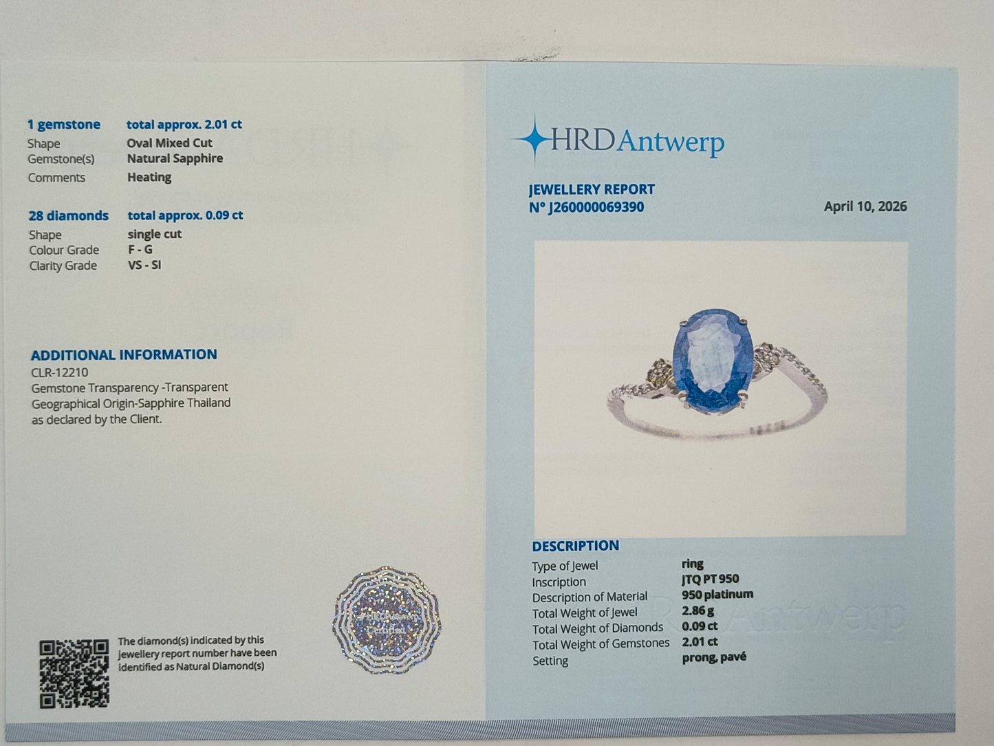 2.10 Ct Oval Mixed Cut Natural Sapphire 950 Platinum Ring