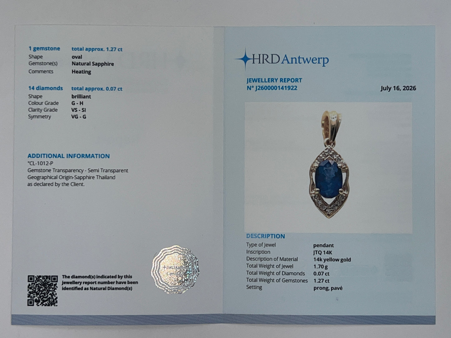1.34 Ct Oval Natural Sapphire 14K Gold Pendant