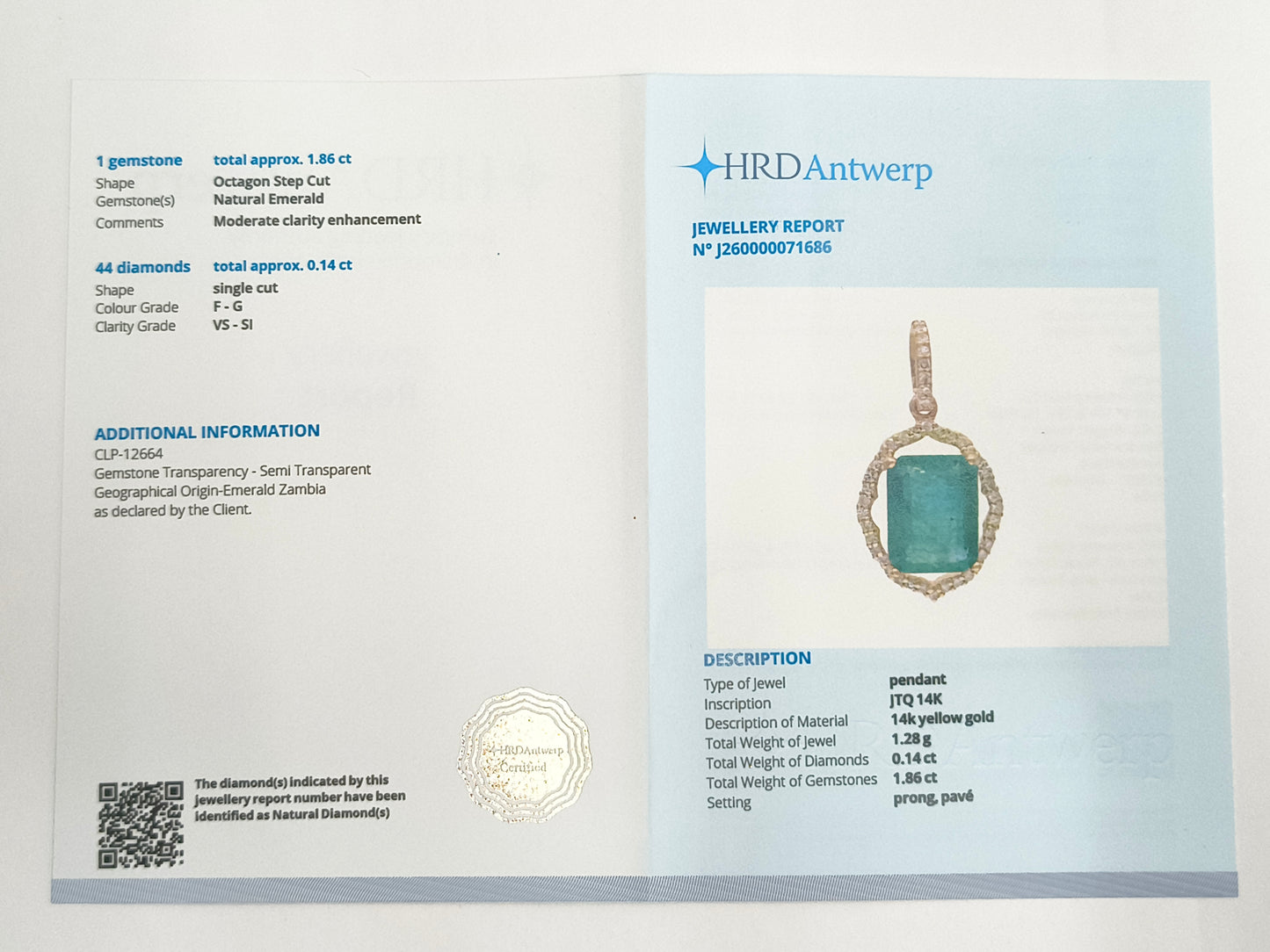 2.00 Ct Octagon Step Cut Natural Emerald 14K Gold Pendant