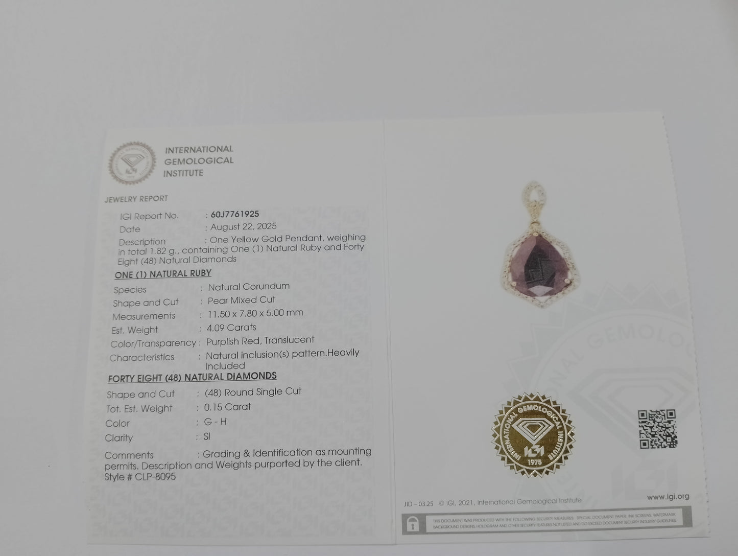 4.24 Ct Pear Mixed Cut Natural Corundum Ruby 14K Gold Pendant