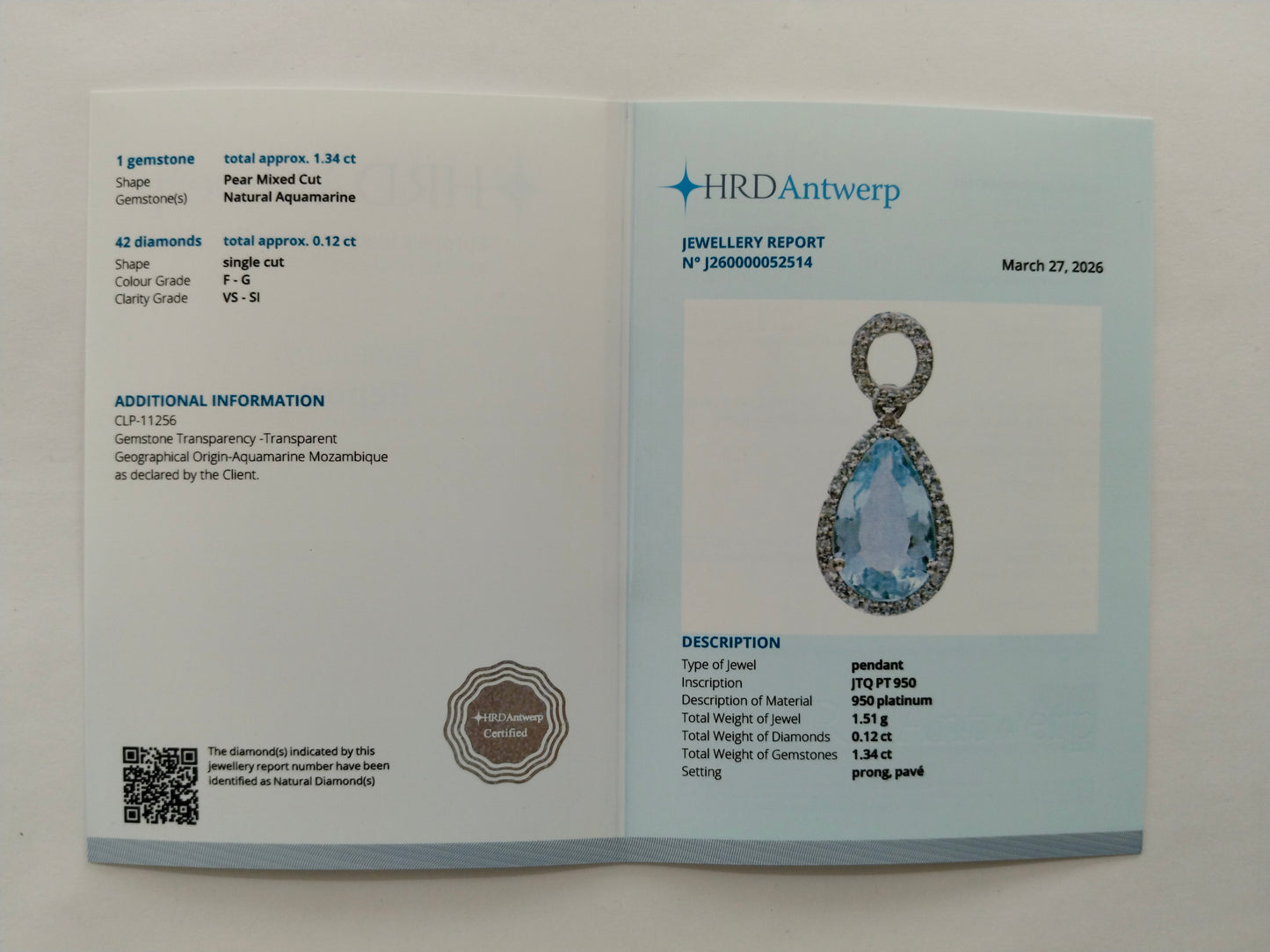 1.46 Ct Pear Mixed Cut Natural Aquamarine 950 Platinum Pendant