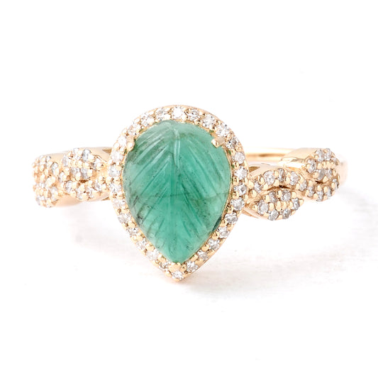 1.76 Ct Pear Carving Natural Beryl Emerald 14K Gold Ring