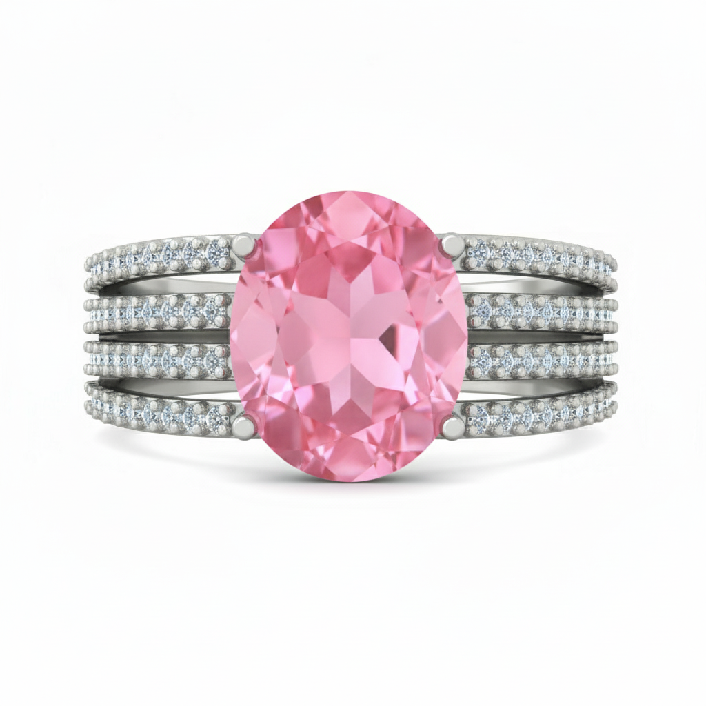 6.91 Ct Oval Pink Topaz, White Zircon, 925 Sterling Silver Ring
