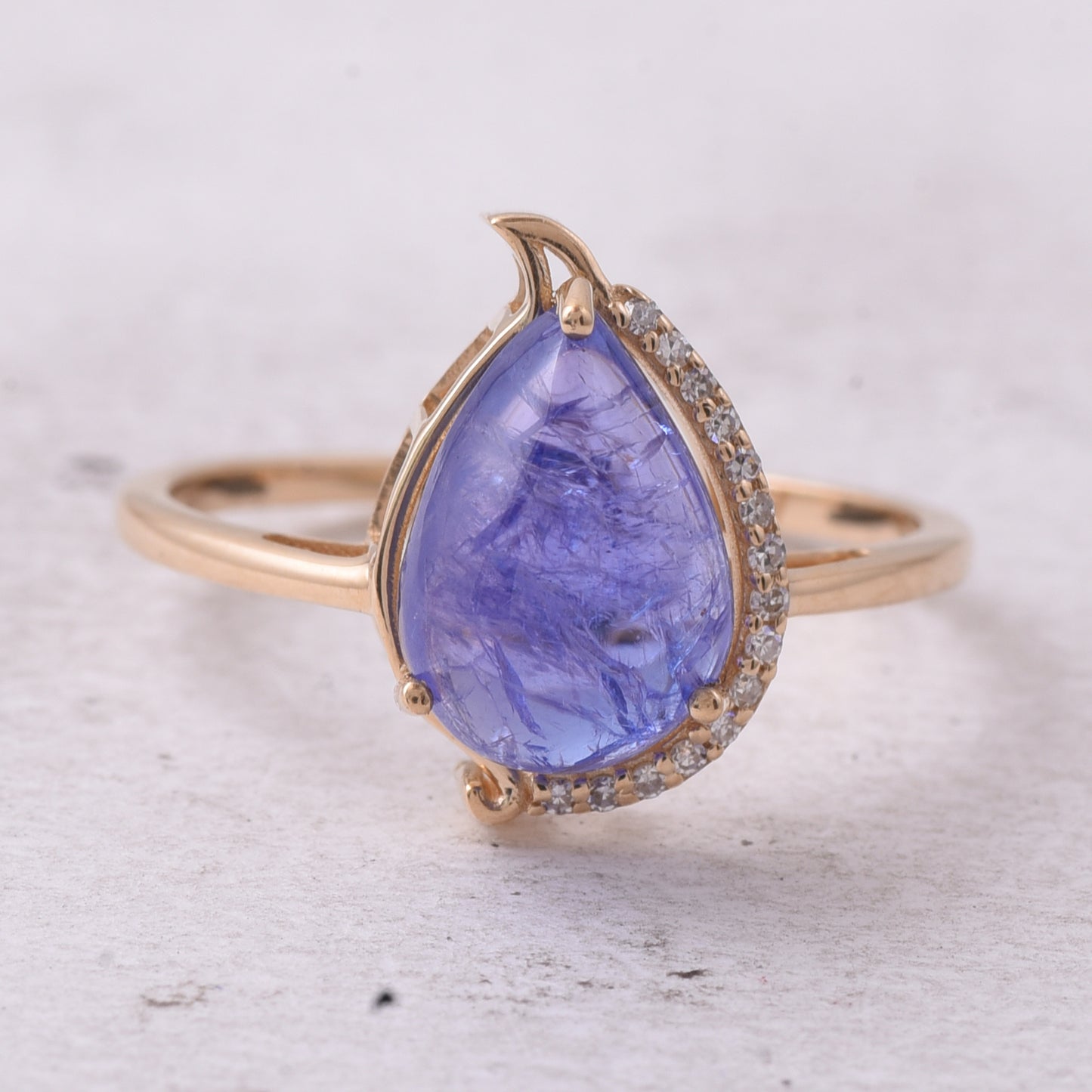 3.36 Ct Pear Cabochon Natural Tanzanite 14K Gold Ring