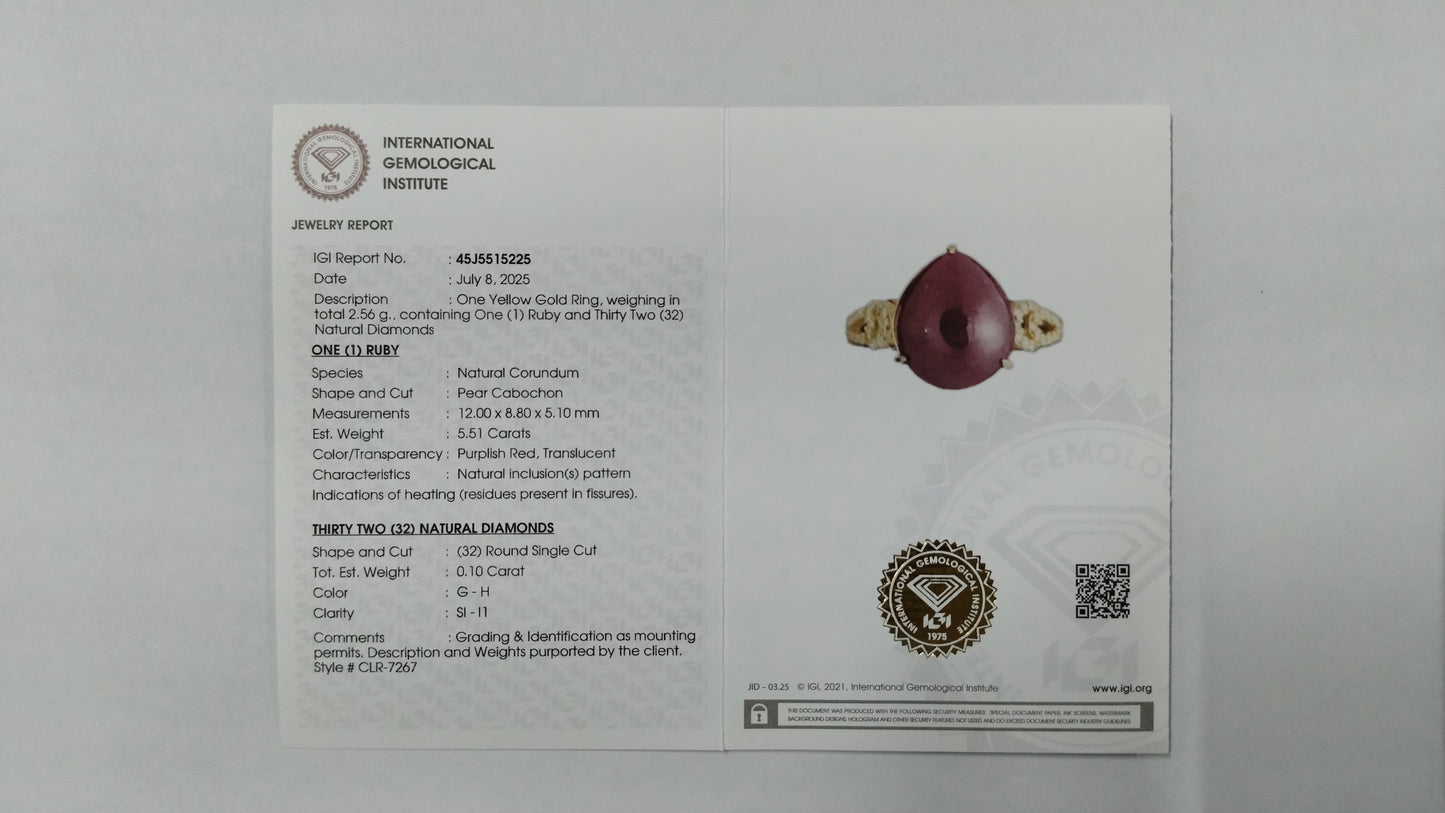 5.61 Ct Pear Cabochon Natural Corundum Ruby 14K Gold Ring
