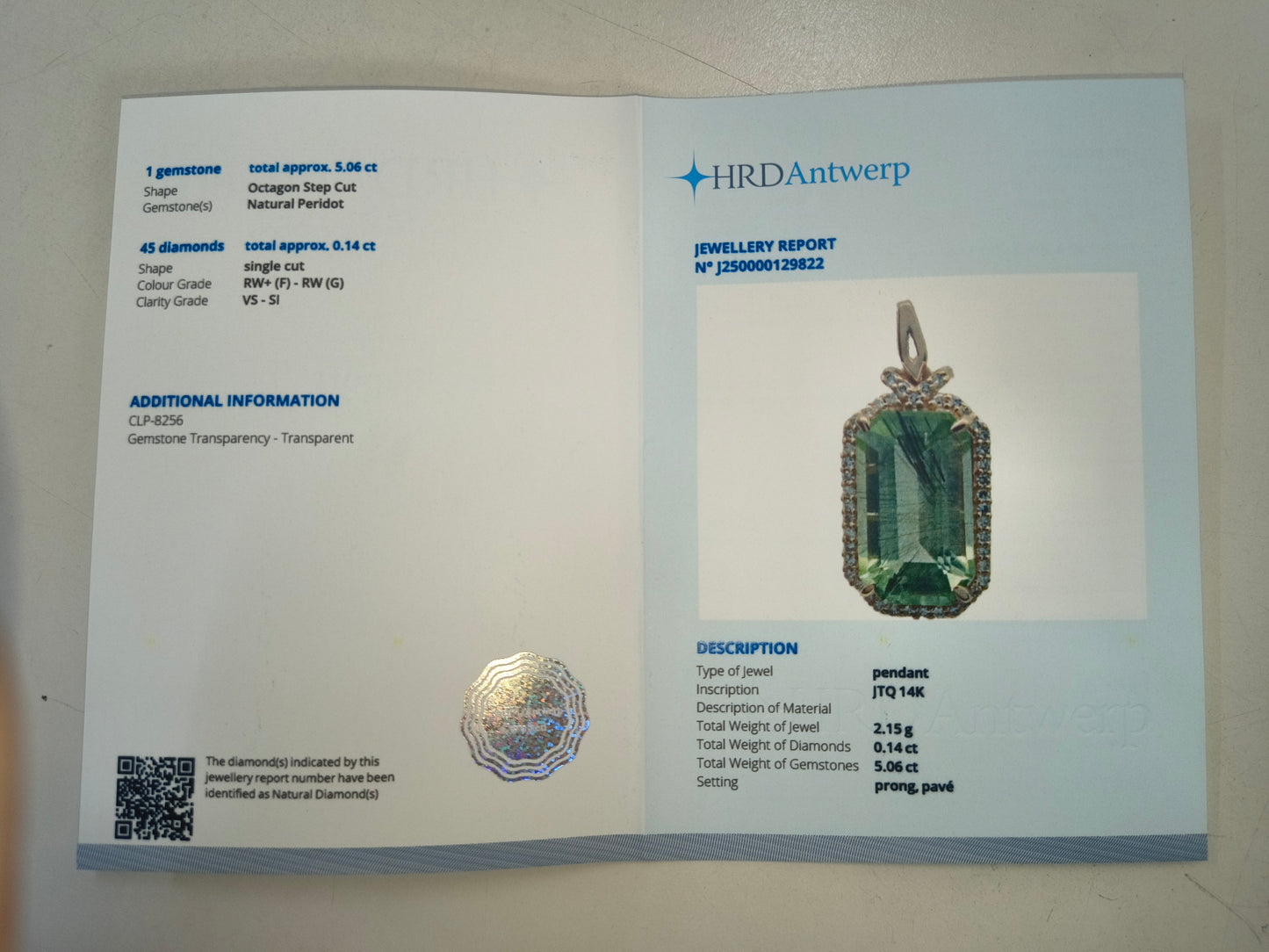 5.20 Ct Octagon Natural Eridot 14K Gold Pendant