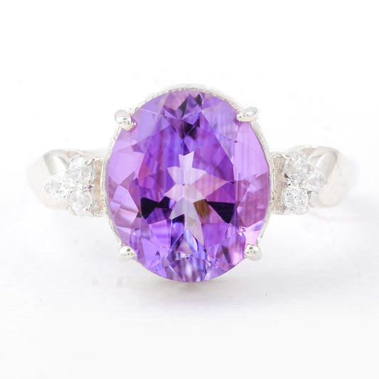 4.55 Ct Oval Amethyst, Cubic Zirconia, 925 Sterling Silver Ring