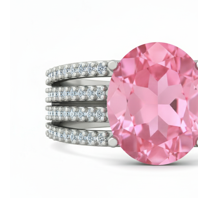 6.91 Ct Oval Pink Topaz, White Zircon, 925 Sterling Silver Ring