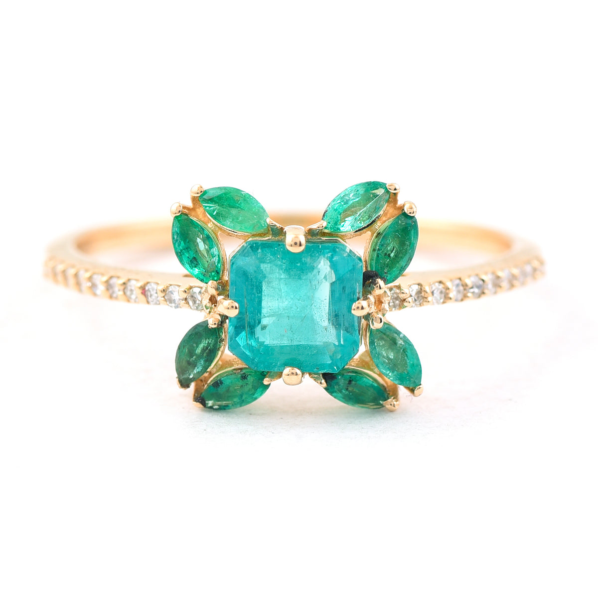 0.96 Ct Octagon Step Cut, Marquise Mixed Cut Natural Emerald 14K Gold Ring