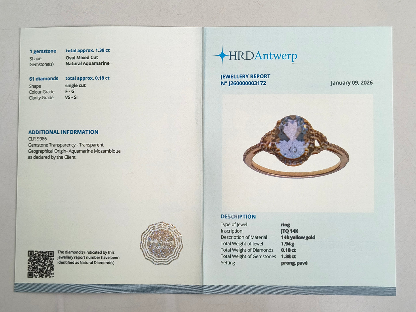 1.56 Ct Oval Mixed Cut Natural Aquamarine 14K Gold Ring
