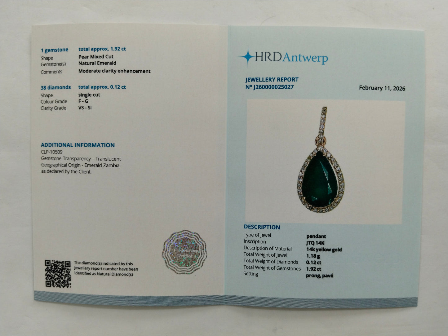 2.04 Ct Pear Mixed Cut Natural Emerald 14K Gold Pendant