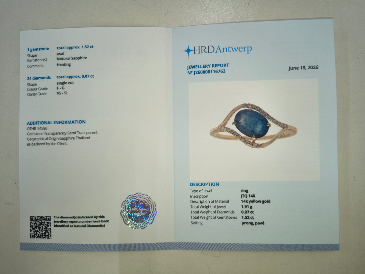 1.59 Ct Oval Natural Sapphire 14K Gold Ring
