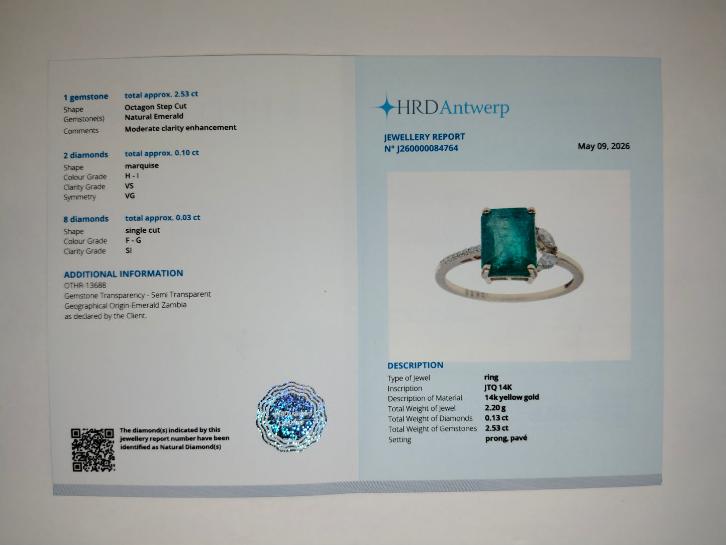 1.67 Ct Octagon Step Cut Natural Emerald 14K Gold Ring