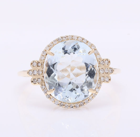 4.29 Ct Oval Mixed Cut Natural Aquamarine 14K Gold Ring