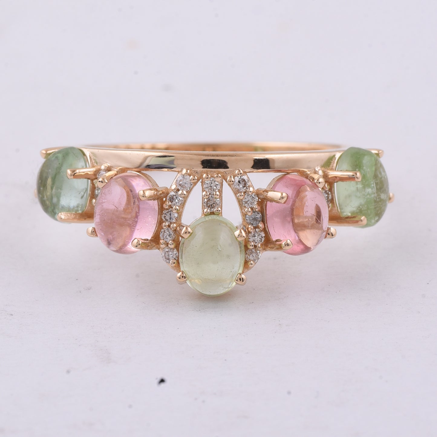 2.32 Ct Oval Cabochon Cut Natural Multi-Coloured Tourmaline 14K Gold Ring