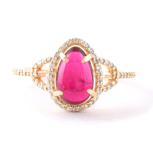 2.35 Ct Pear Cabochon Natural Rubellite 14K Gold Ring