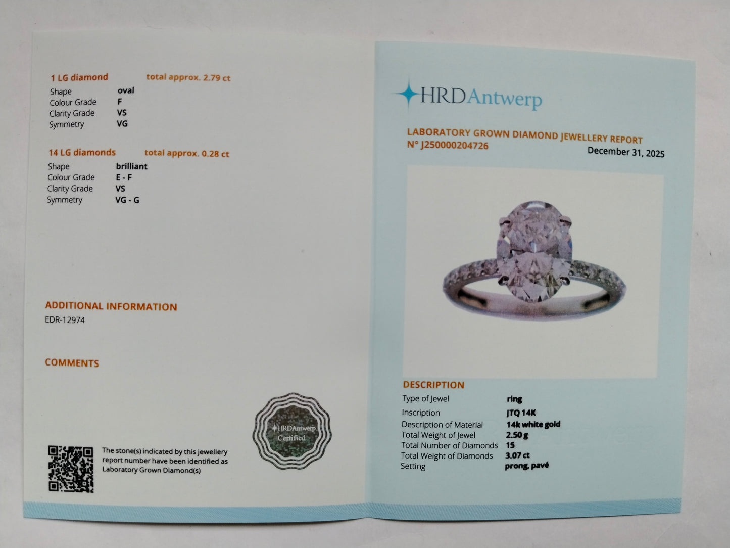 3.07 Carats Lab Grown Diamond 14K Gold Ring
