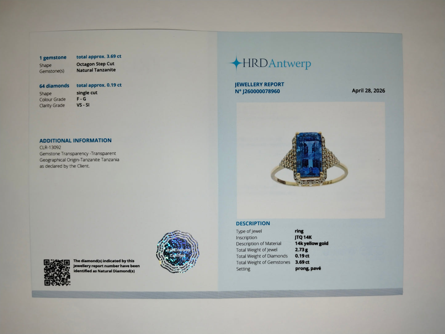 3.88 Ct Octagon Step Cut Natural Tanzanite 14K Gold Ring