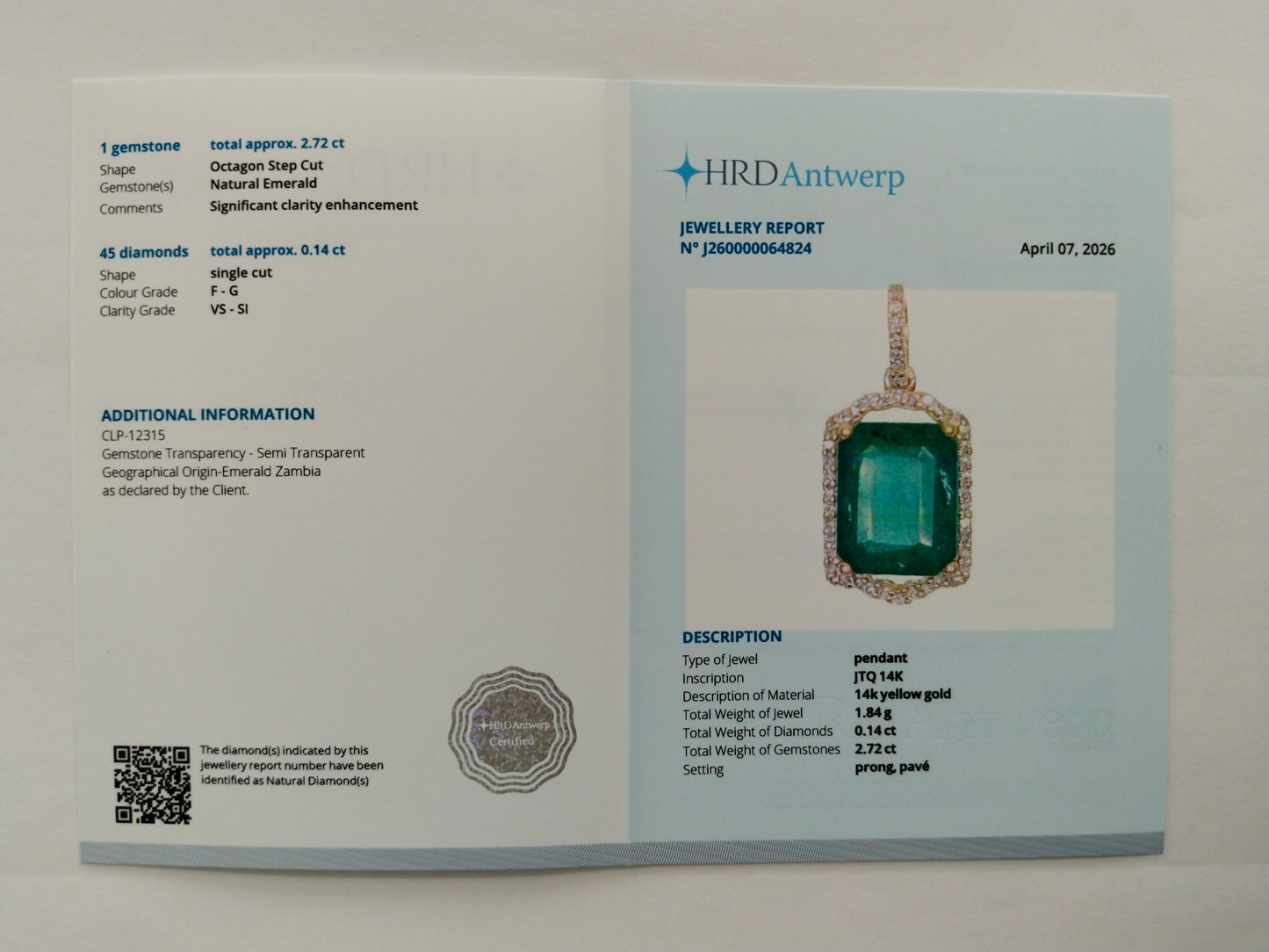 2.86 Ct Octagon Step Cut Natural Emerald 14K Gold Pendant