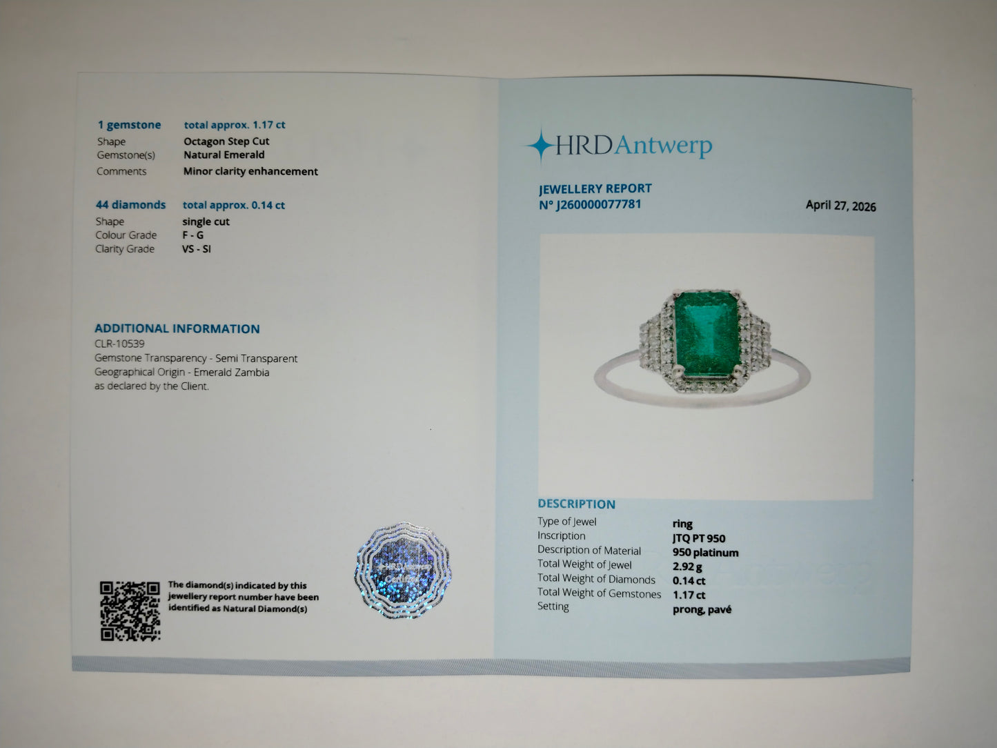 1.31 Ct Octagon Step Cut Natural Emerald 950 Platinum Ring